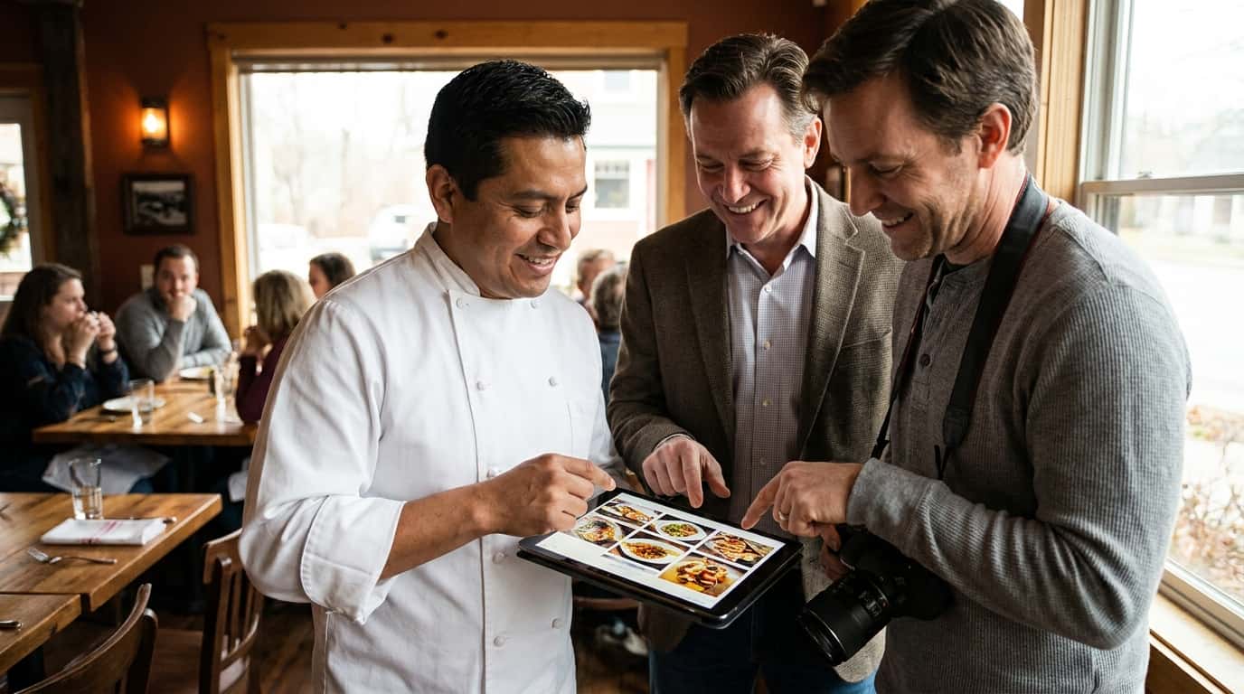Chef, dueño y fotógrafo revisando y seleccionando las fotos en tablet dentro del local