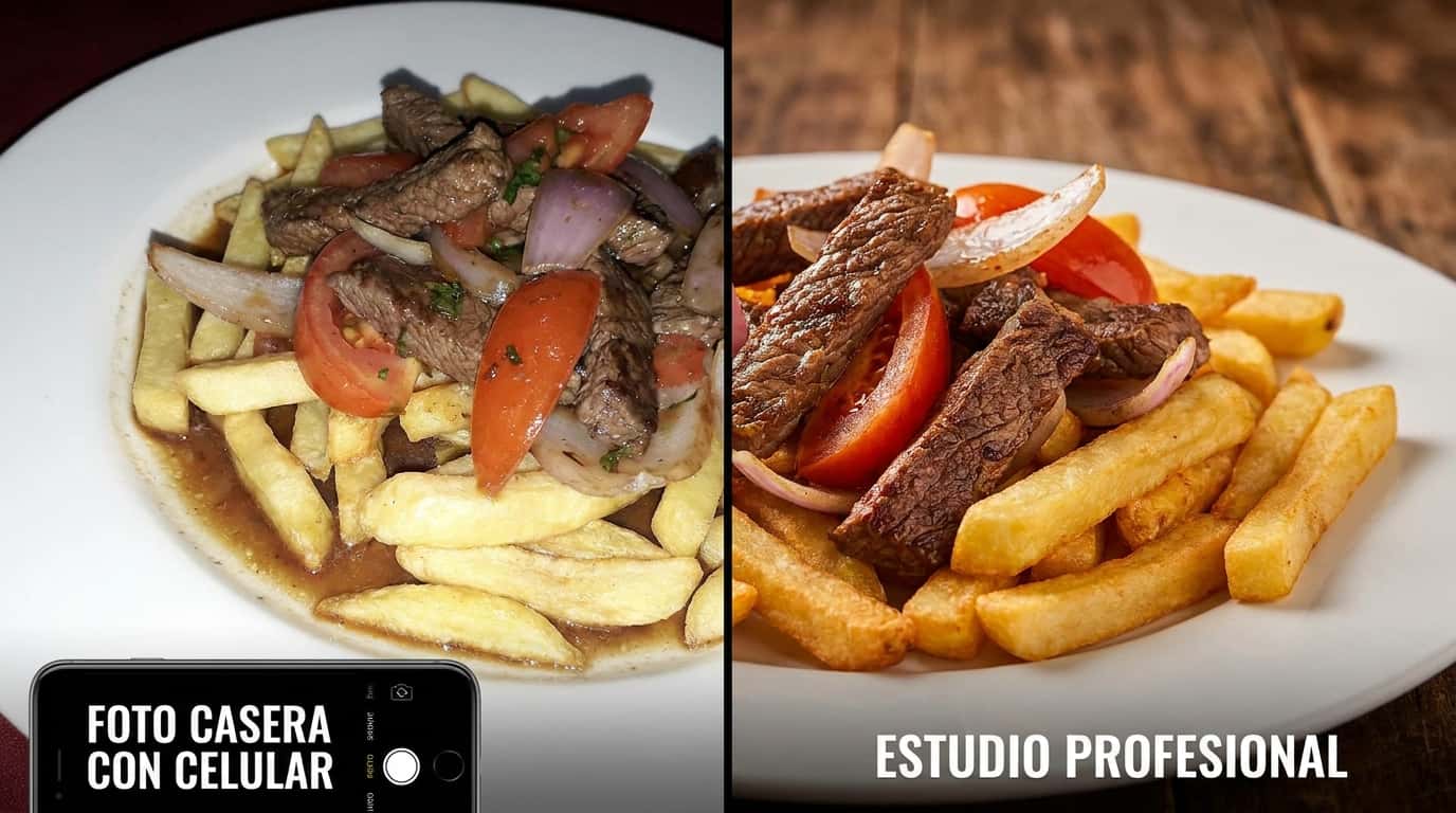 Comparativa de Lomo Saltado: Foto Casera con Celular vs Estudio Profesional