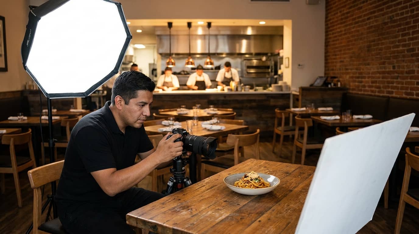 Fotógrafo gastronómico con softbox e iluminación profesional en salón del restaurante
