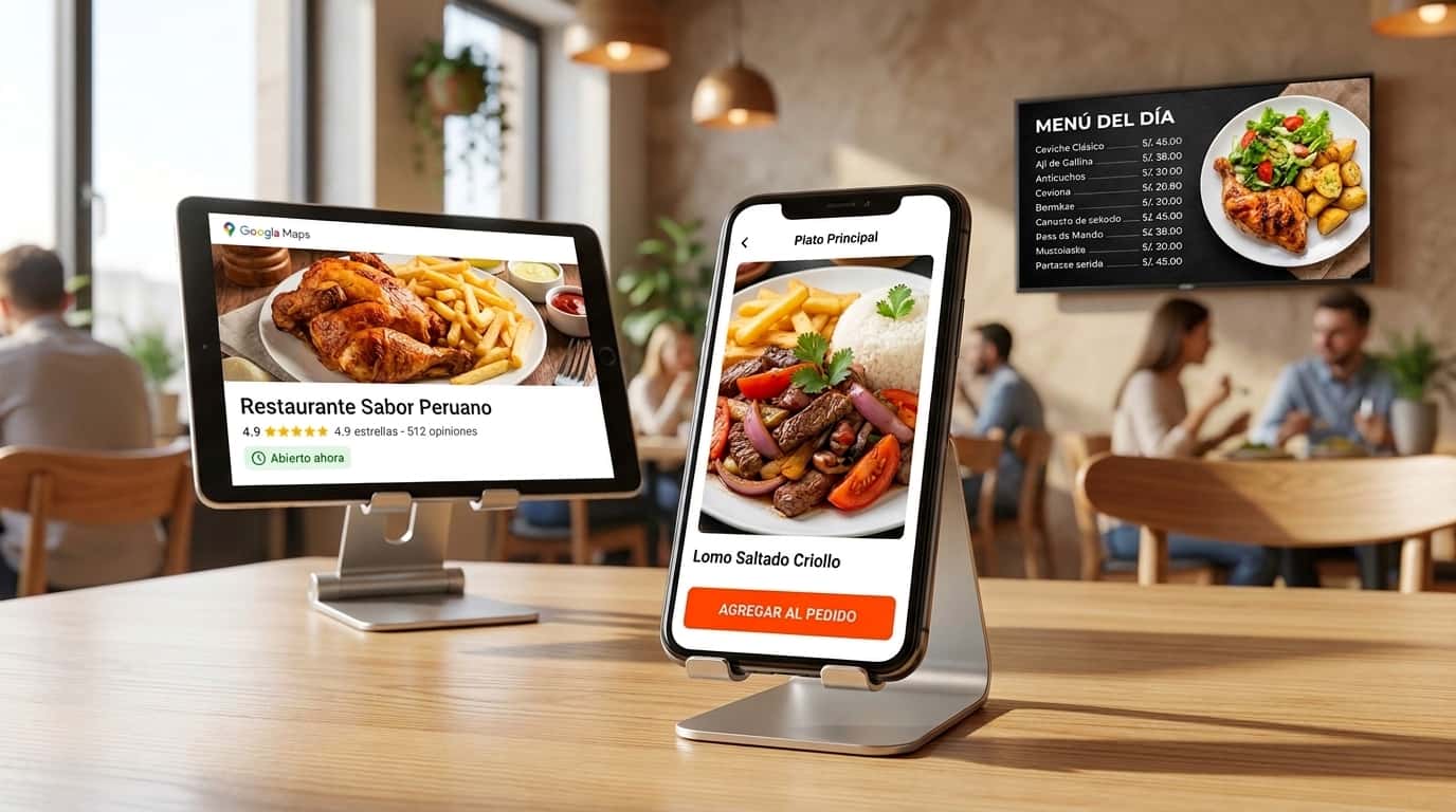 Mockups de ecosistema digital para restaurante: Menú Móvil, Pantalla Menú Board y Google Maps