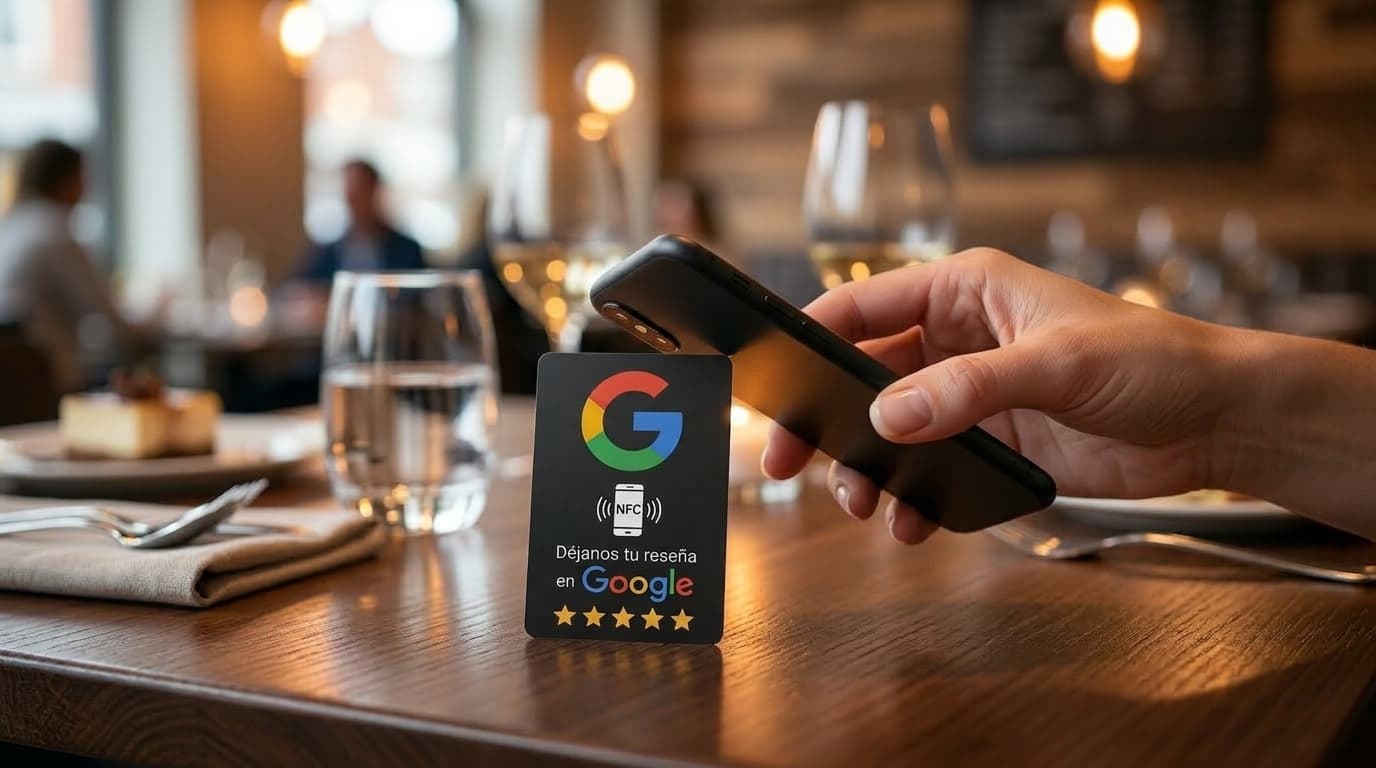 Comensal acercando su teléfono a la tarjeta NFC en la mesa