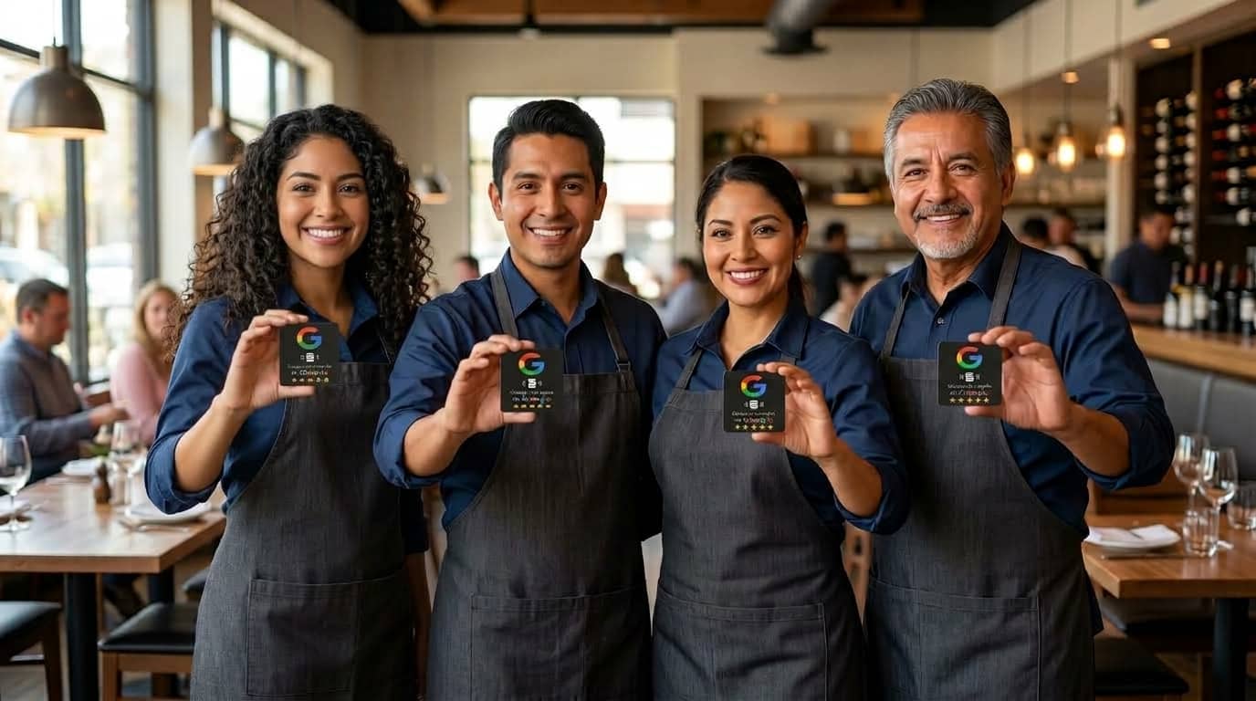 Equipo de mozos equipados con tarjetas inteligentes de reseñas